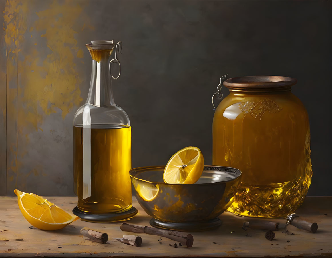 Golden liquid bottle, jar, lemon slices, cinnamon sticks on textured table