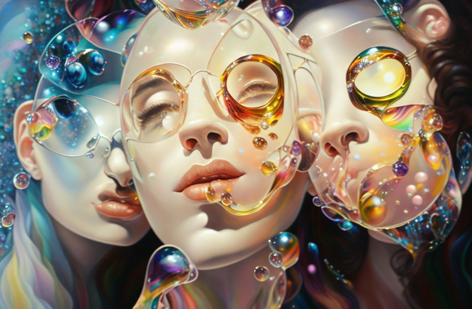 Vibrant surreal artwork: two faces with reflective soap bubbles