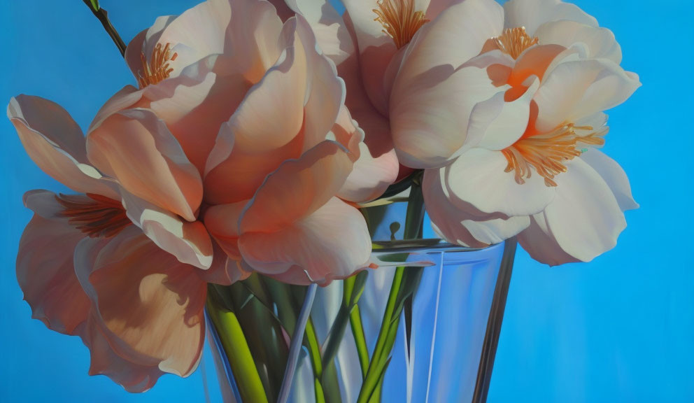 Delicate white and pink flowers with orange stamens in clear vase on blue background