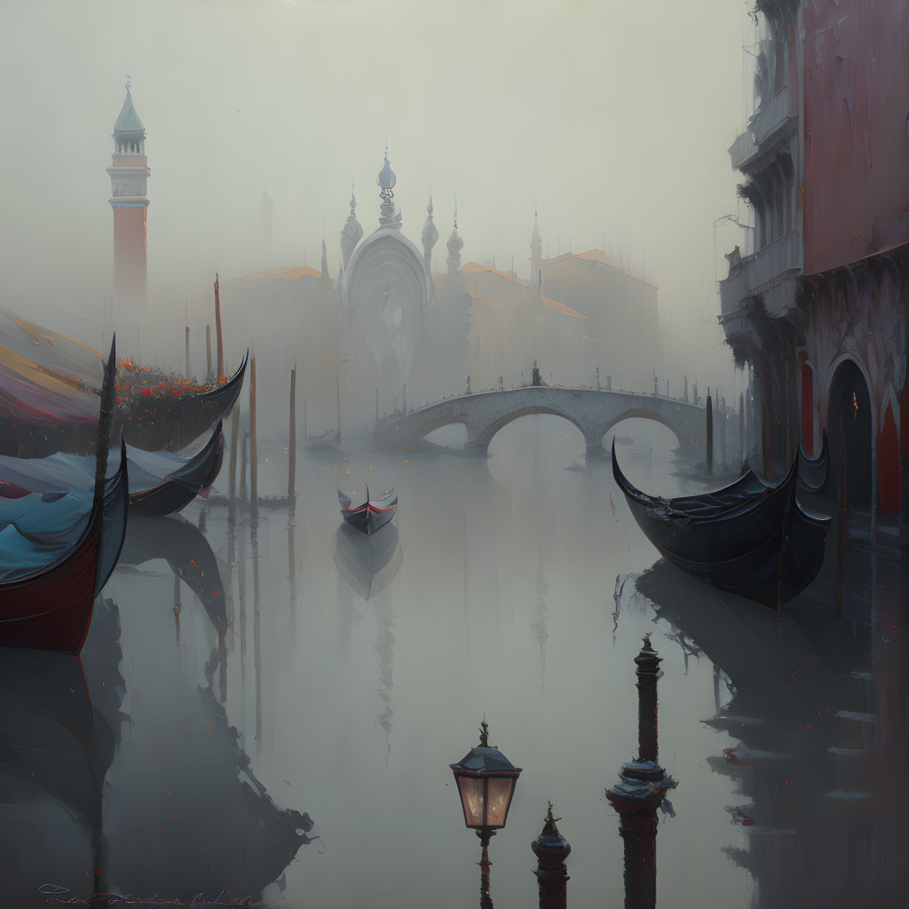 Foggy Venice scene with gondolas, bridge, and historic buildings