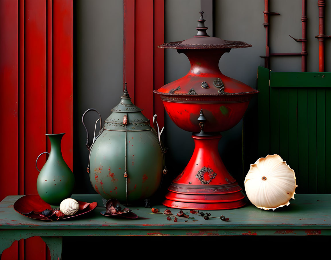 Vintage Metal Teapots, Red Vessel, Shells, Seed Pods Still Life on Rustic