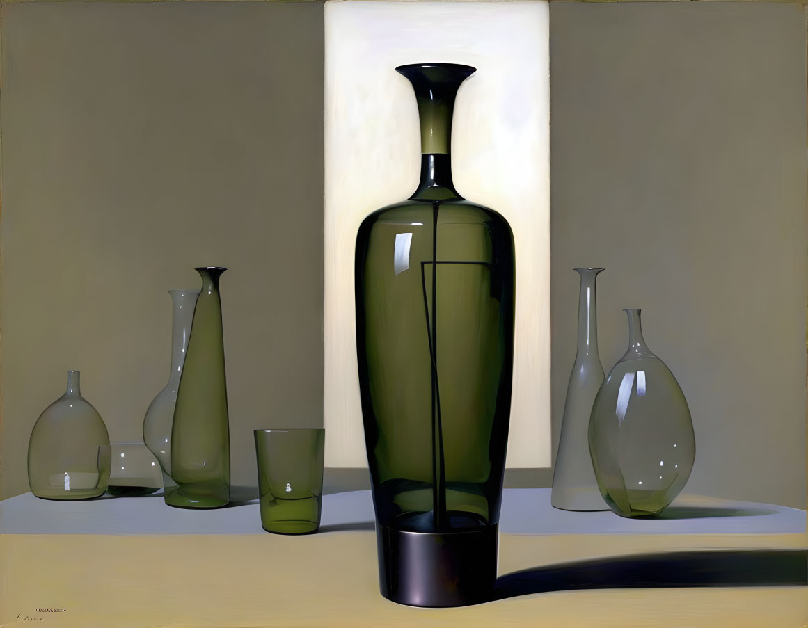 Six Green Glass Vessels Arranged on Shelf in Still Life Painting