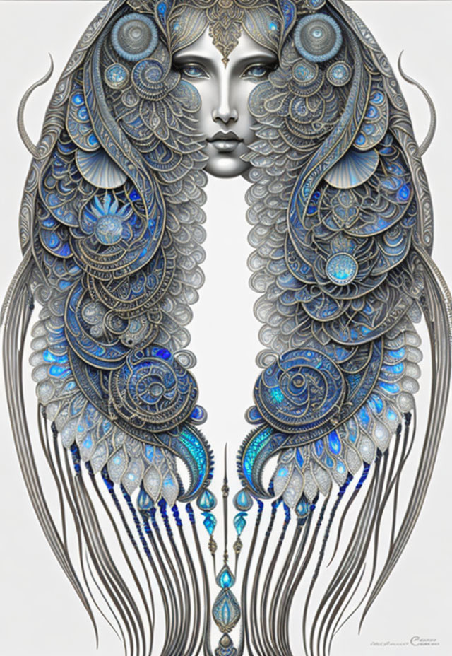 Symmetrical ornate face with peacock feather-inspired designs in blue and silver hues