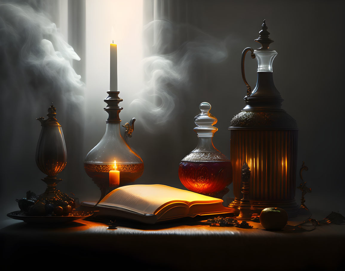 Still life with candle, lantern, book, glass bottles, and teapot