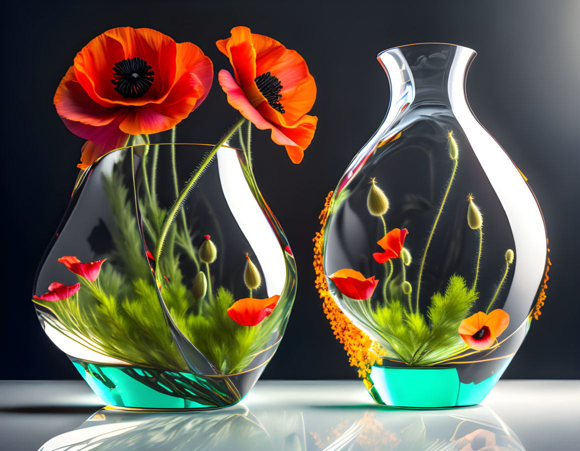 Transparent vases with red poppies and green foliage on reflective surface