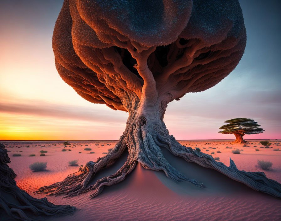 Surreal desert landscape with twisted tree and vibrant sunset colors