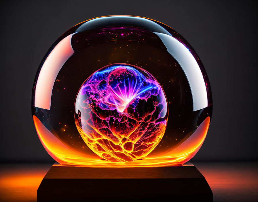 Luminescent plasma globe with purple and pink electric arcs on wooden base