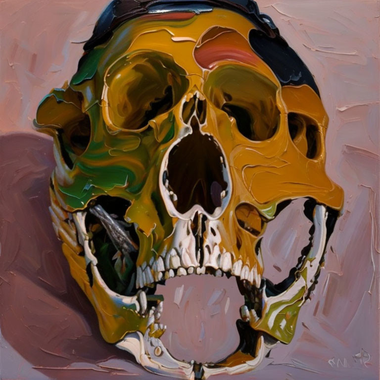 Abstract human skull painting with thick impasto technique