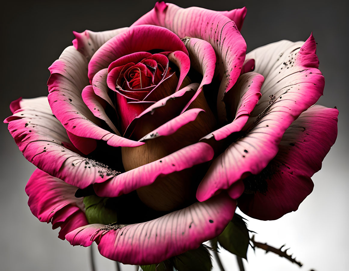 Close-up of Vibrant Pink Rose with Spiral Center and Dark Edges