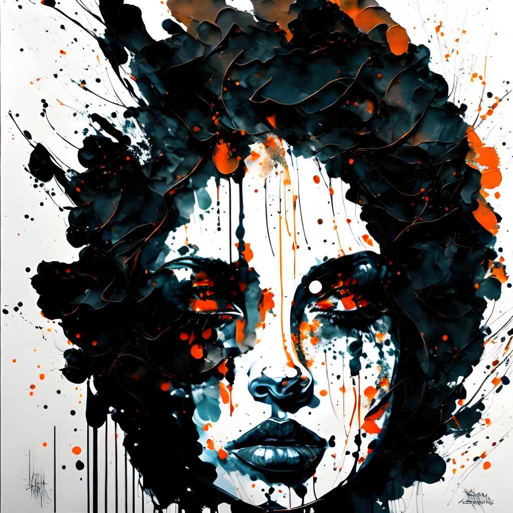 Abstract black and white portrait with orange splatters of woman's intense gaze