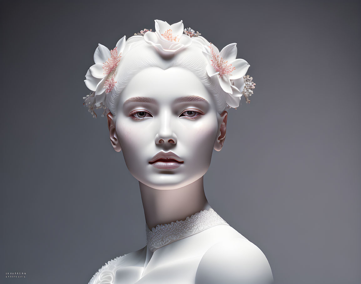 3D-rendered image of woman with porcelain skin and floral designs
