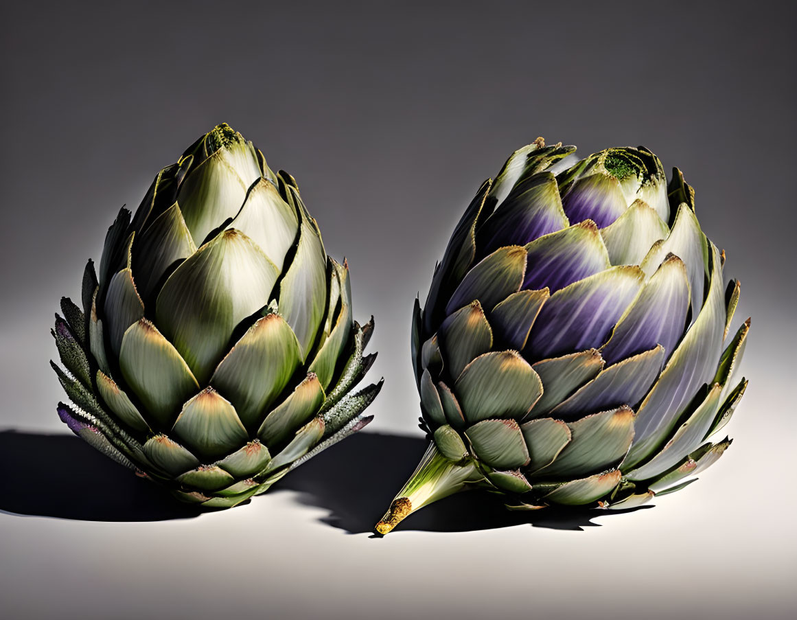 Vibrant green and purple artichokes on grey background