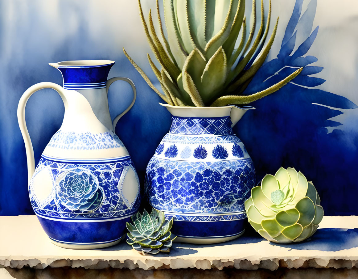 Blue and White Pitchers with Succulents on Blue Background