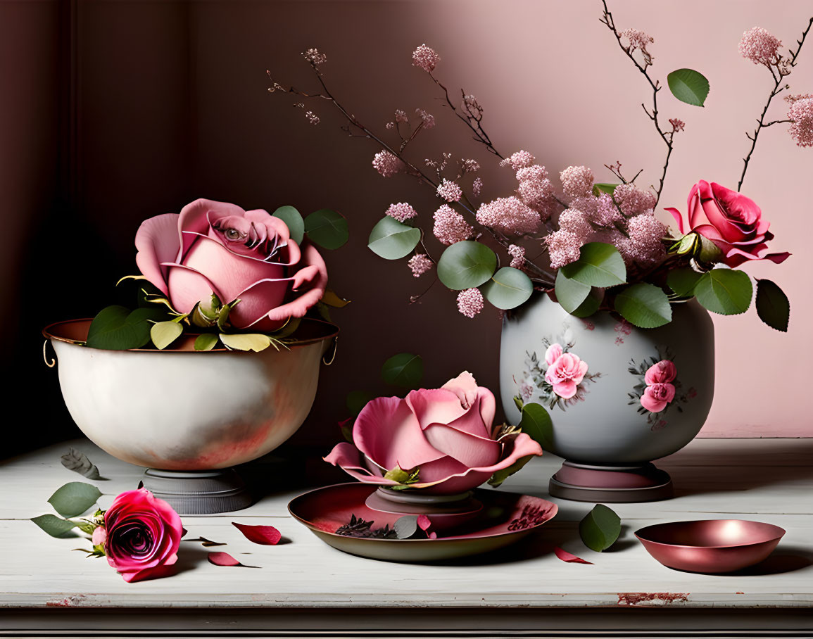 Lush roses and delicate blooms in silver bowls on floral plates