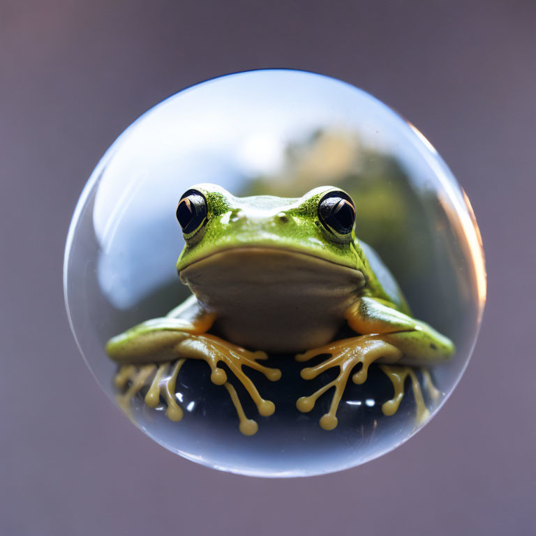 Green frog magnified in transparent sphere against soft-focus background