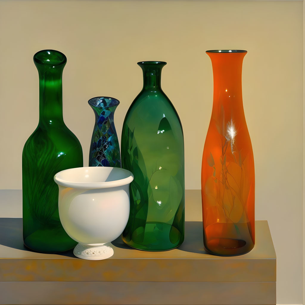 Assorted vases in various heights and colors on beige surface