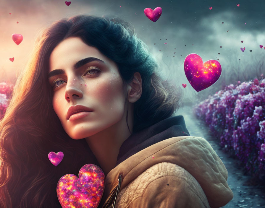 Portrait of a woman with striking eyes in a dreamy, heart-filled landscape