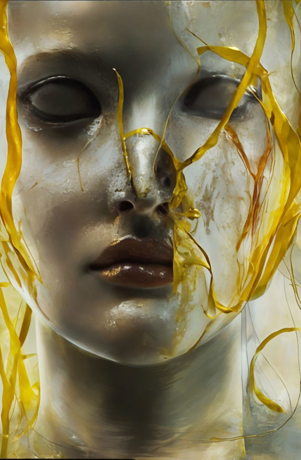 Detailed Close-Up of Face Sculpture with Glossy Skin and Translucent Yellow Strands