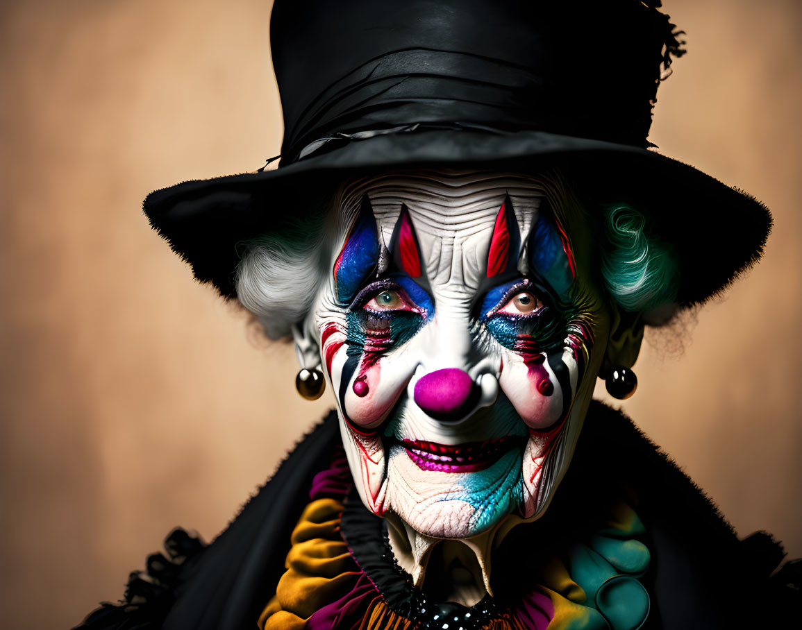 Clown in colorful costume with top hat and intense expression