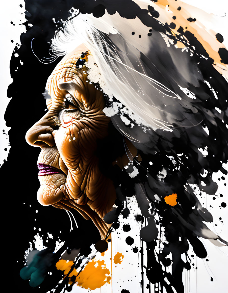 Detailed digital portrait of elderly woman in profile with dynamic ink splashes