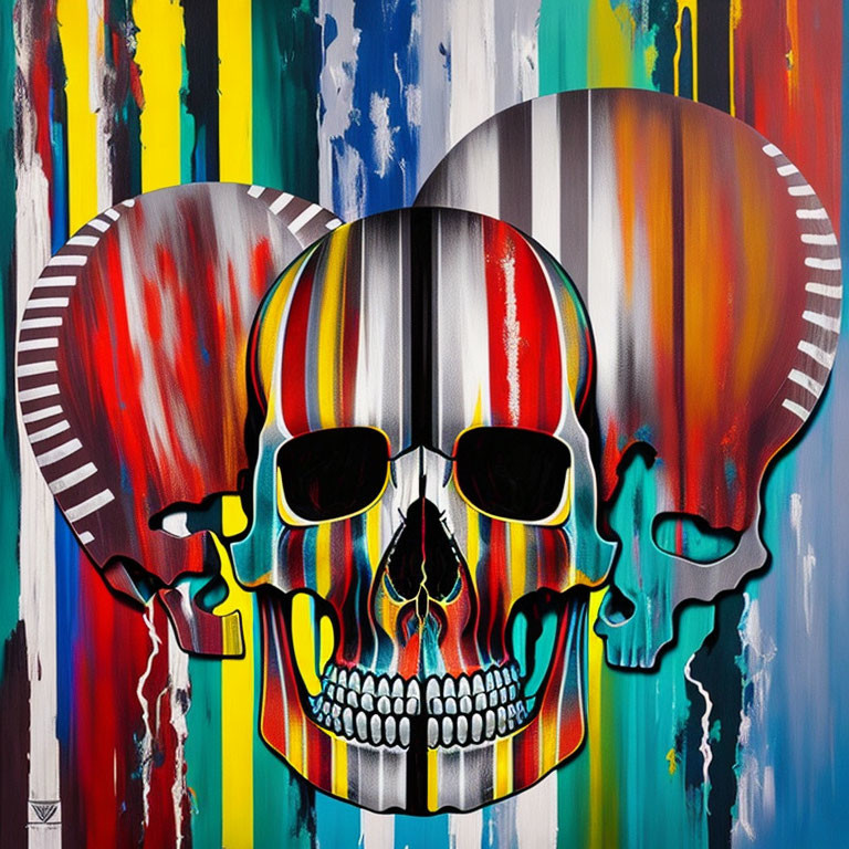 Vibrant three skulls art with multicolored paint streaks