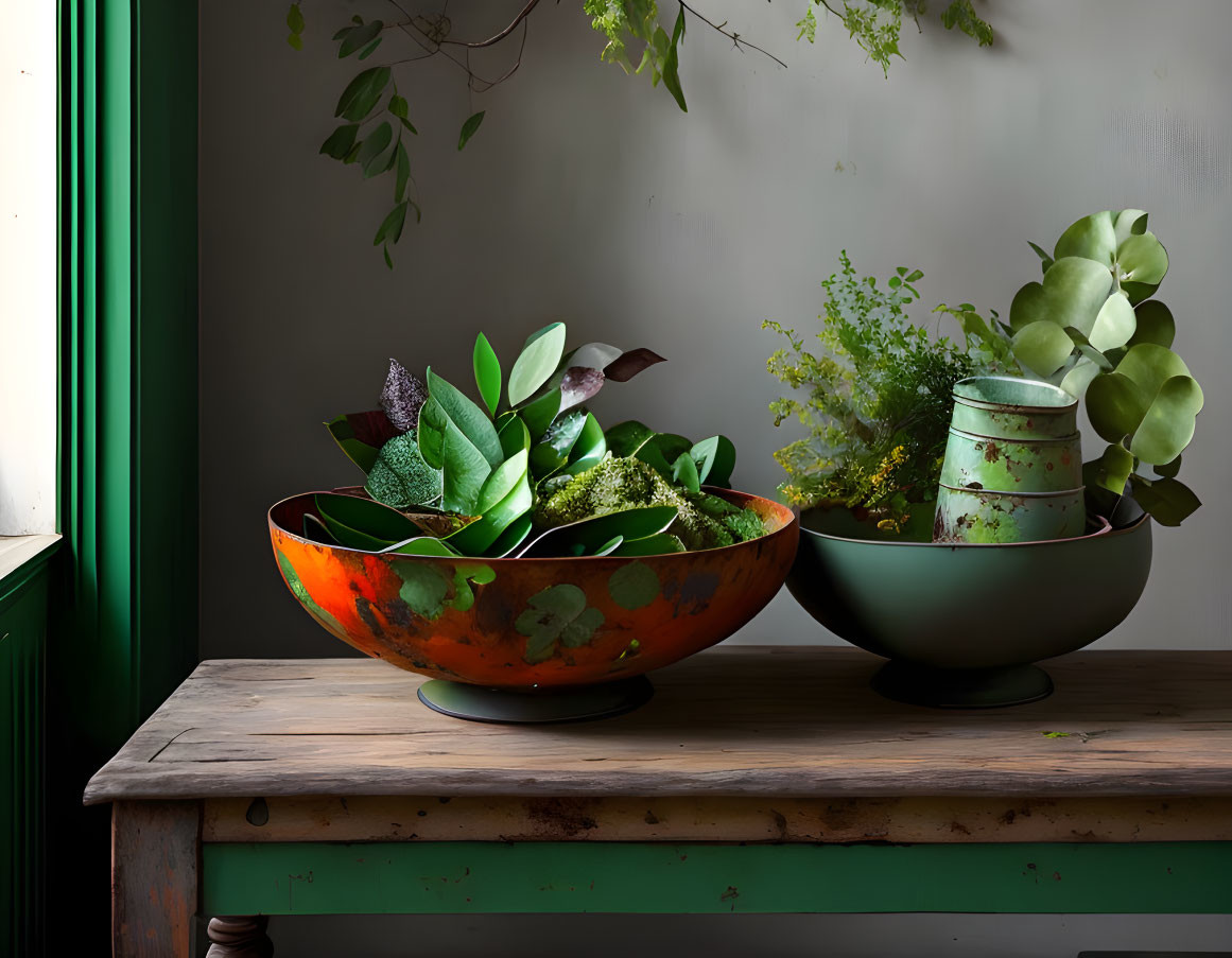 Rustic wooden table with leafy green plants by open window