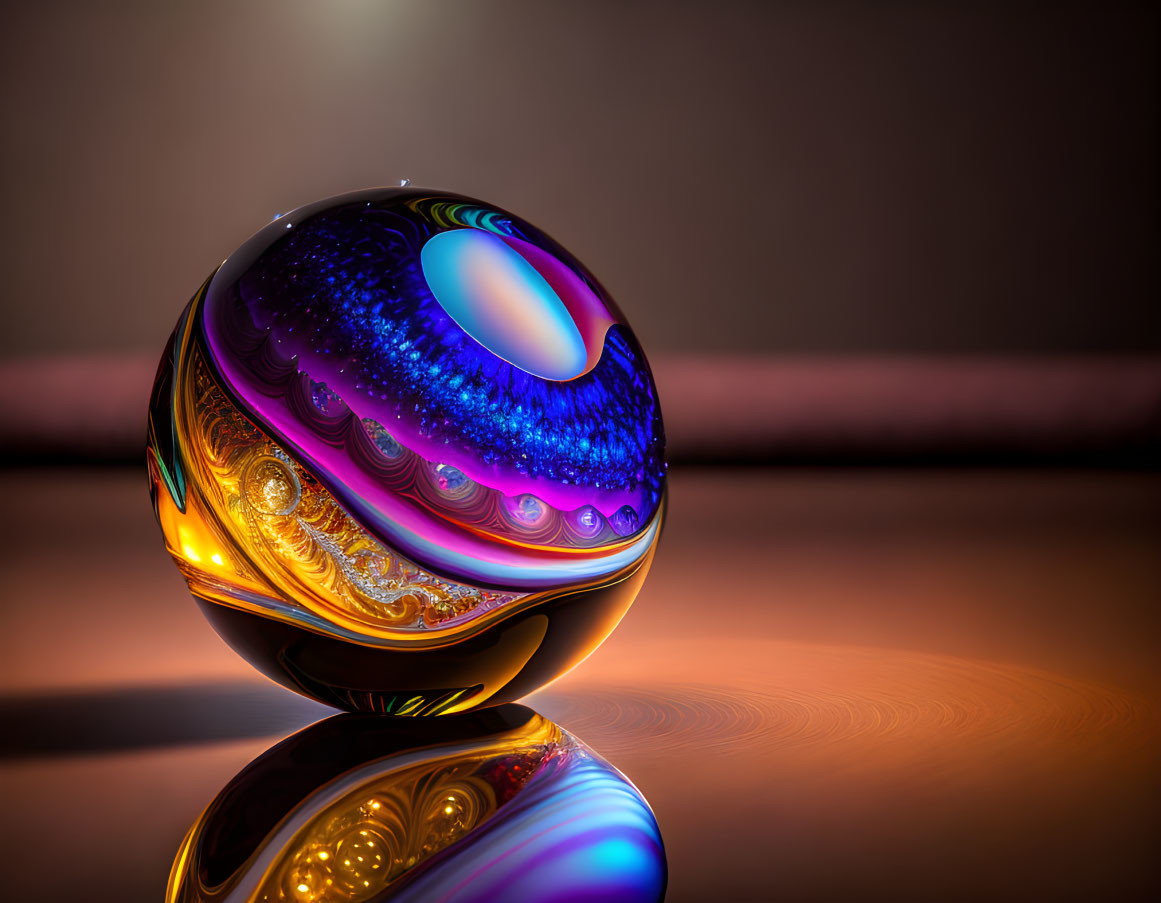 Colorful Swirling Glass Sphere on Reflective Surface