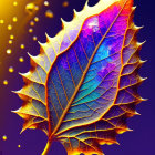 Colorful iridescent leaf on purple background with intricate vein patterns