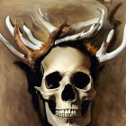 Detailed Human Skull Illustration with Mossy Antlers on Abstract Background