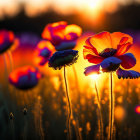 Vibrant sunset with silhouetted poppies in warm field