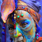 Intense gaze of person with blue and green face paint and decorative headgear