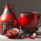 Vintage Red and Silver Pitchers with Citrus, Spoon, and Flower Petals