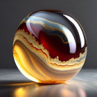 Swirling red, gold, and white glass sphere on smooth surface