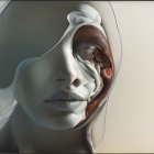 Futuristic woman's face artwork with metallic features in circular frame