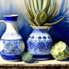 Blue and White Pitchers with Succulents on Blue Background