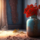 Orange flowers in blue vase by window with sheer curtains, serene ambiance