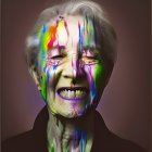 Colorful paint drips on smiling elderly woman against brown background