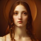 Digital painting of serene woman with halo and long brown hair reminiscent of Renaissance art