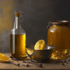 Golden liquid bottle, jar, lemon slices, cinnamon sticks on textured table