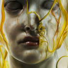 Detailed Close-Up of Face Sculpture with Glossy Skin and Translucent Yellow Strands