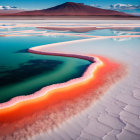 Colorful salt flat with pink and teal waters, salt formations, and mountain backdrop