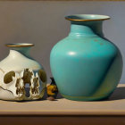 Still Life Painting: Human Skull, Turquoise Vase, Bottle, Coins