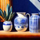 Colorful still life with succulent, blue-and-white pitchers, and shadows on blue backdrop