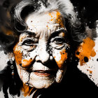 Elderly woman portrait with wrinkles and warm smile on black and orange splatter background