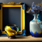 Blue vase, flowers, lemons, and frame on wooden surface in still life composition