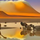 Tranquil landscape with elephants near waterhole and fiery sky