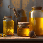 Assorted honey jars, dipper, yellow flowers on rustic wooden backdrop