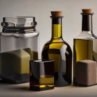 Dark and clear glass bottles with green fruit in a still life composition