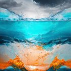 Underwater Scene with Fiery Explosion and Calm Sky