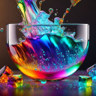 Vibrant liquid splashing in clear bowl with ice cubes on dark background